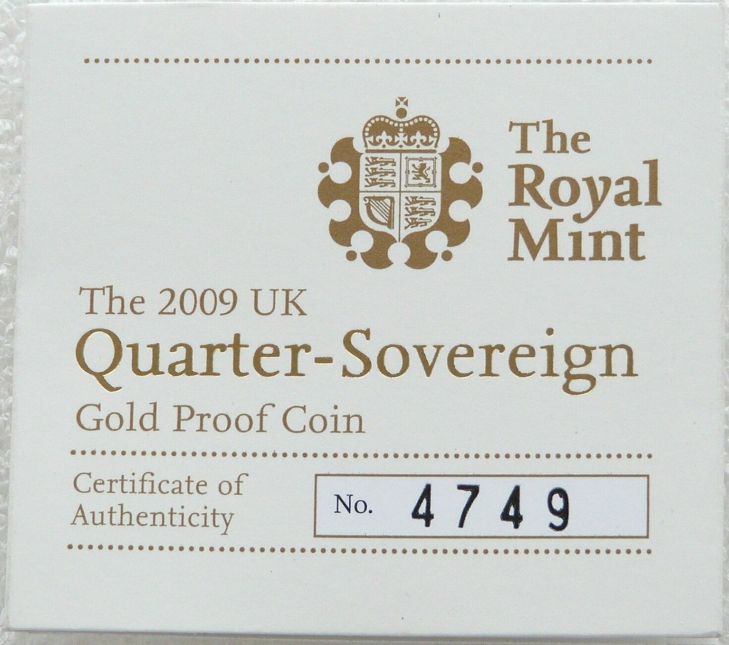 2009 St George and the Dragon Quarter Sovereign Gold Proof Coin Certificate Only