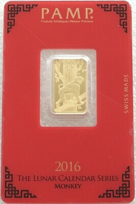 2016 Pamp Swiss Lunar Monkey 5 Gram Gold Bar Fine 999.9% Gold Bullion Bar Ingot Certified Sealed