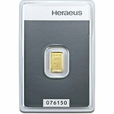 1 Gram Heraeus Swiss Gold Bar Fine 999.9% Gold Bullion Bar Ingot Certified Sealed