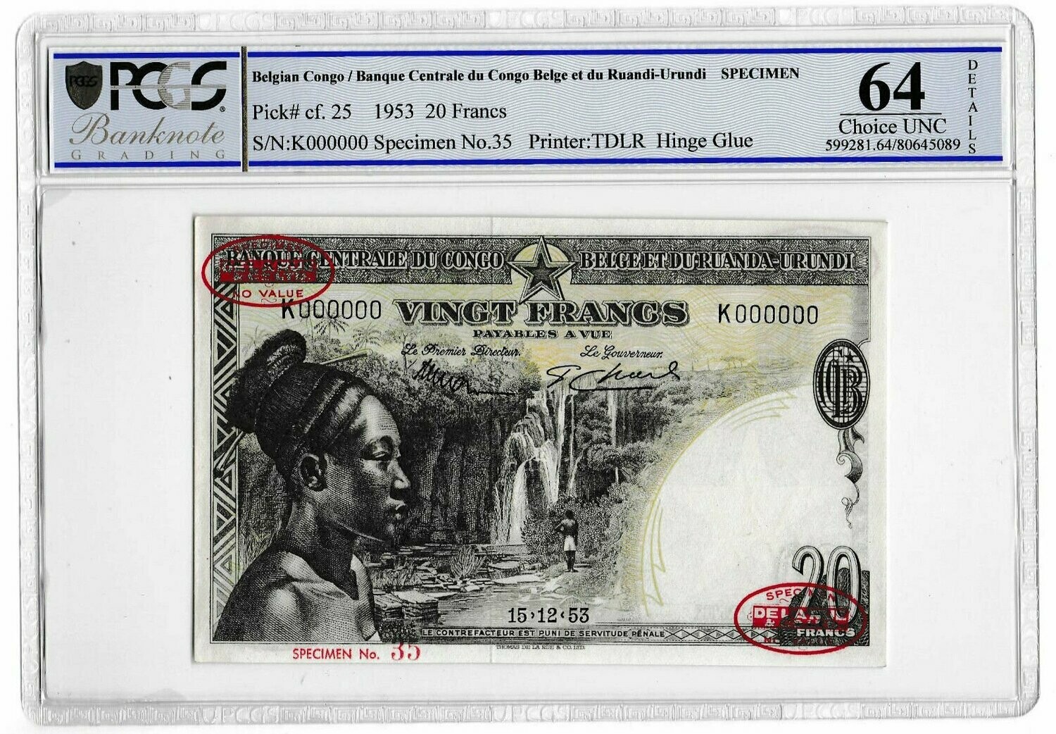 1953 Belgian Congo 20 Francs Banknote Specimen TDLR P25 Choice Uncirculated 64 Details