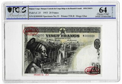 1953 Belgian Congo 20 Francs Banknote Specimen TDLR P25 Choice Uncirculated 64 Details