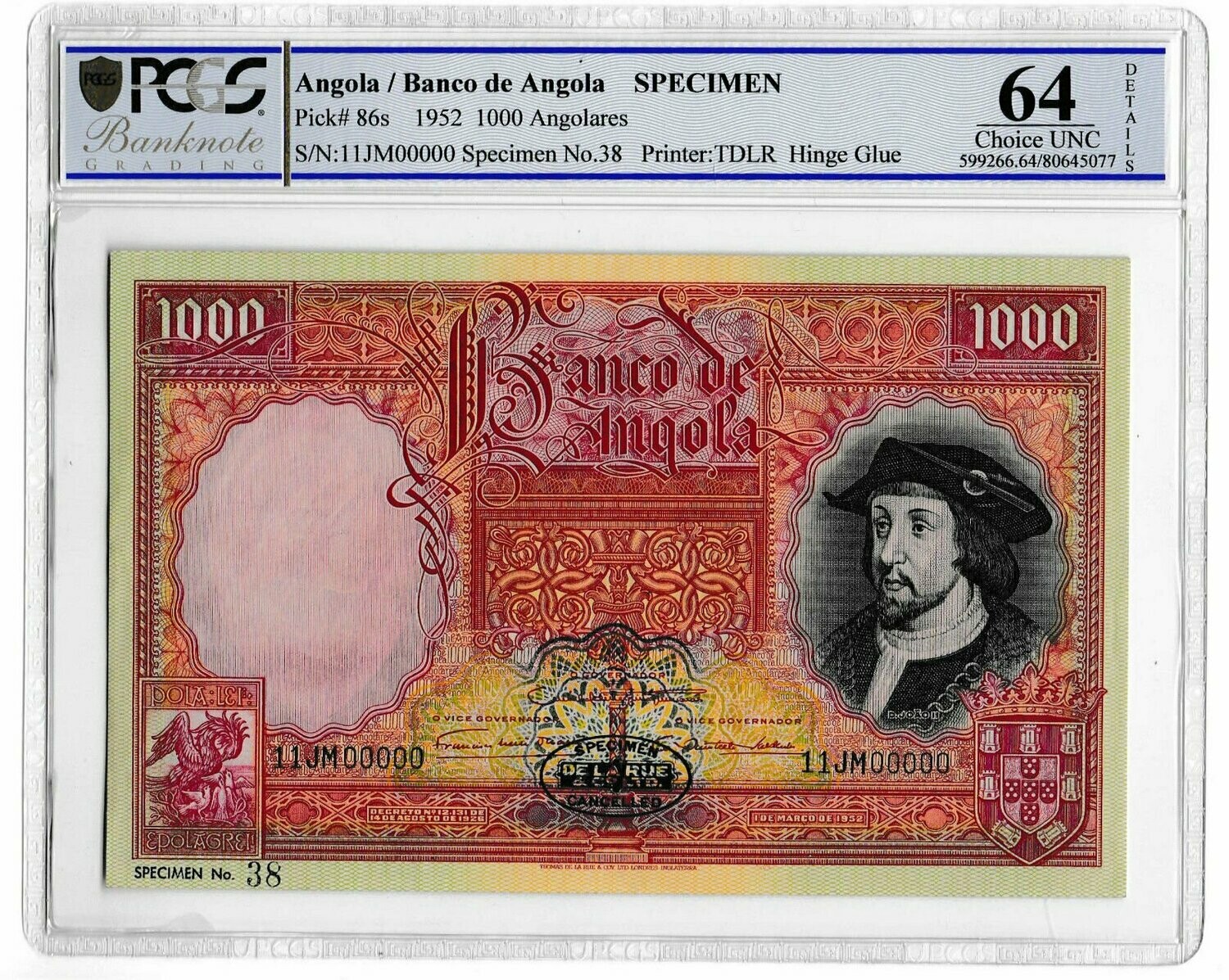 1952 Angola 1000 Angolares Banknote Specimen P86s Choice Uncirculated 64 Details