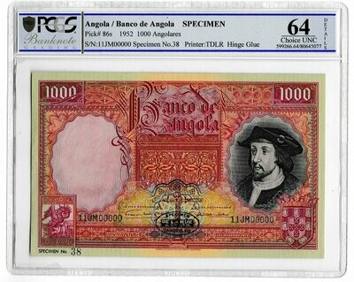 1952 Angola 1000 Angolares Banknote Specimen P86s Choice Uncirculated 64 Details