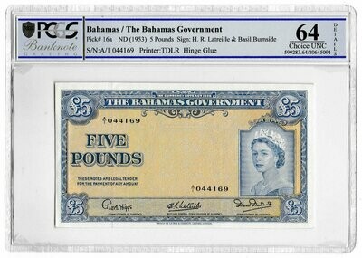 1953 Bahamas £5 Five Pound Banknote P16a Choice Uncirculated 64 Details