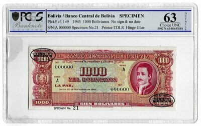 1945 Bolivia 1000 Bolivianos Banknote Specimen TDLR P149 Choice Uncirculated 63 Details