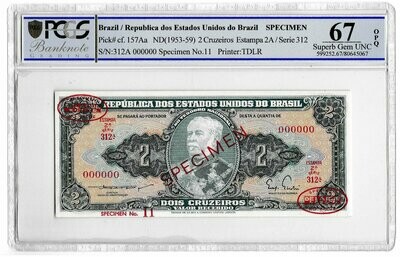 1953 - 1959 Brazil 2 Cruzeiros Banknote Specimen TDLR P157Aa Superb Gem Unc 67 OPQ