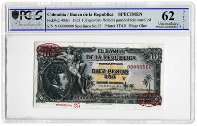 1953 Colombia 10 Pesos Banknote Specimen TDLR P400s1 Uncirculated 62 Details