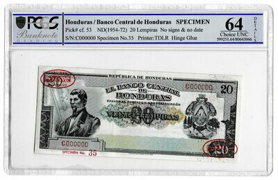 1954 - 1972 Honduras 20 Lempiras Banknote Specimen P53 Choice Uncirculated 64 Details
