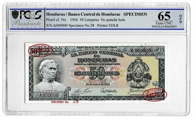 1956 Honduras 50 Lempiras Banknote Specimen P54s Gem Uncirculated 65 OPQ