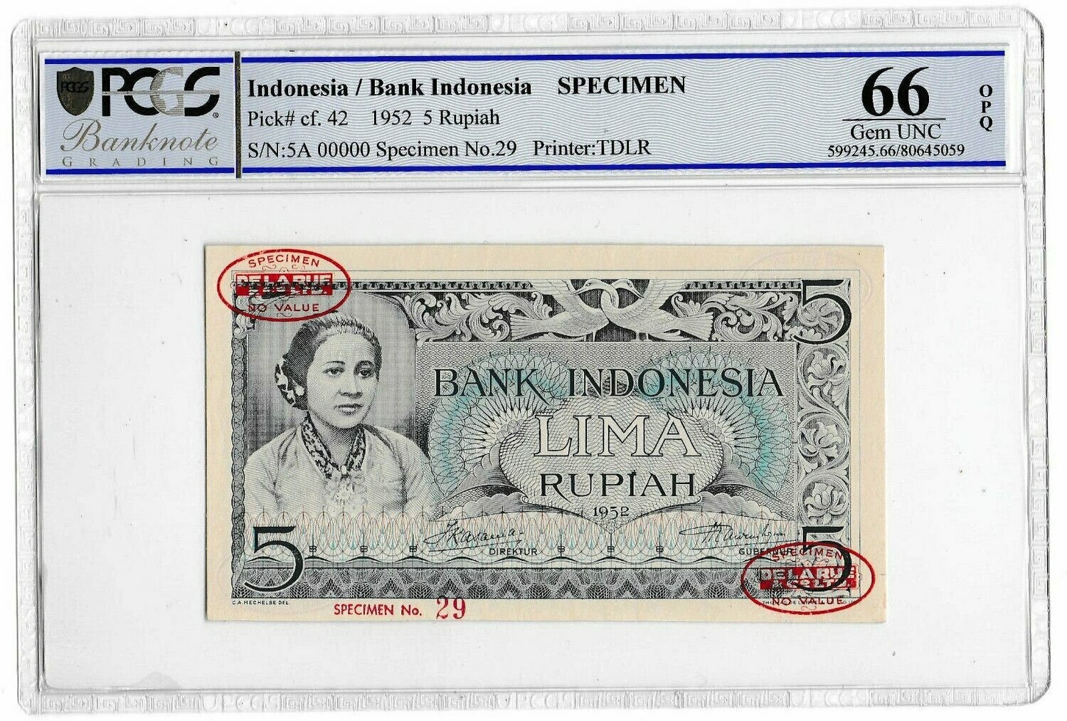 1952 Indonesia 5 Five Rupiah Banknote Specimen P42 Gem Uncirculated 66 OPQ