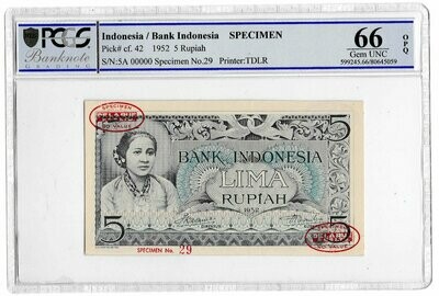 1952 Indonesia 5 Five Rupiah Banknote Specimen P42 Gem Uncirculated 66 OPQ