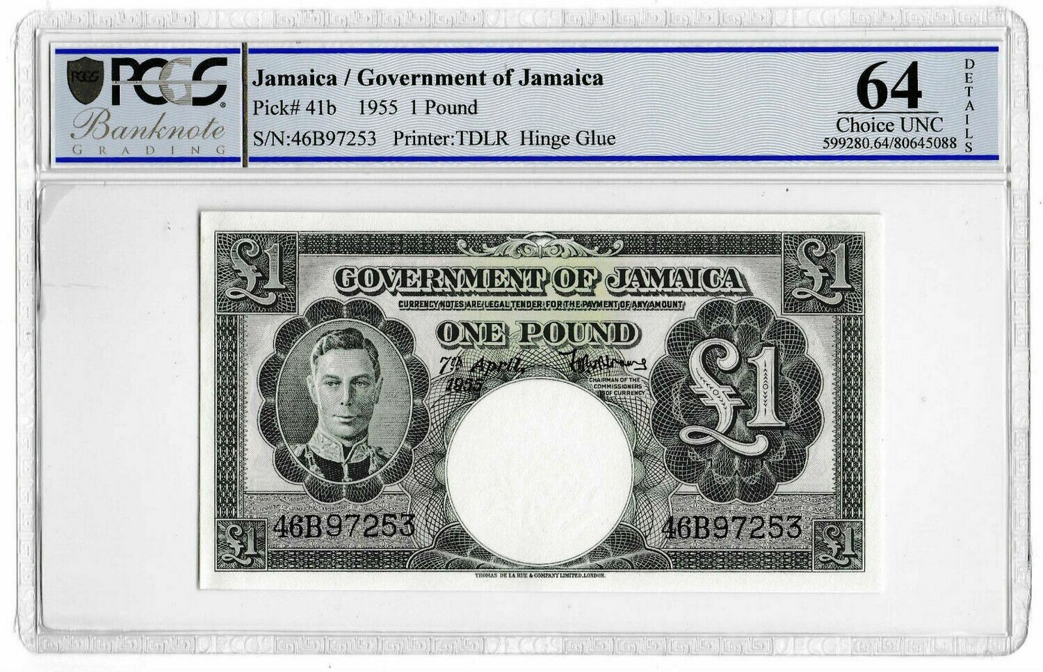 1955 Jamaica £1 One Pound Banknote Choice Uncirculated 64 Details