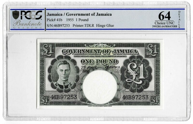 1955 Jamaica £1 One Pound Banknote Choice Uncirculated 64 Details