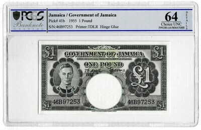 1955 Jamaica £1 One Pound Banknote Choice Uncirculated 64 Details