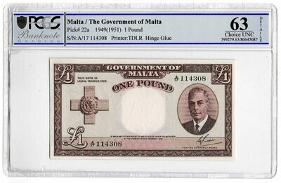 1949 Malta £1 One Pound Banknote P22a Choice Uncirculated 63 Details