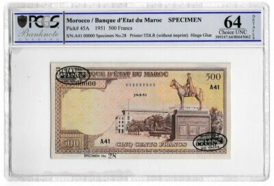 1951 Morocco 500 Francs Banknote Specimen TDLR P45A Choice Uncirculated 64 Details