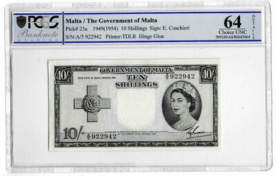 1949 Malta 10 Shillings Banknote P623a Choice Uncirculated 64 Details