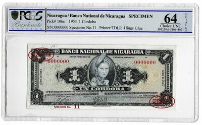1953 Nicaragua 1 Cordoba Banknote Specimen P106s Choice Uncirculated 64 Details