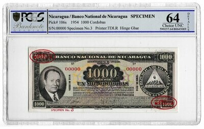 1954 Nicaragua 1000 Cordobas Banknote Specimen P106s Choice Uncirculated 64 Details