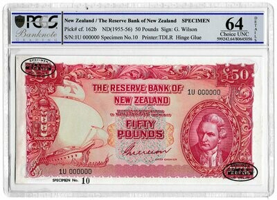1955 - 1956 New Zealand £50 Banknote Specimen P162b Choice Uncirculated 64 Details