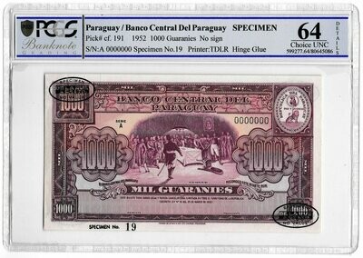 1952 Paraguay 1000 Guaranies Banknote Specimen TDLR P191 Choice Uncirculated 64 Details