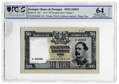 1953 Portugal 50 Escudos Banknote Specimen P160 Choice Uncirculated 64 Details