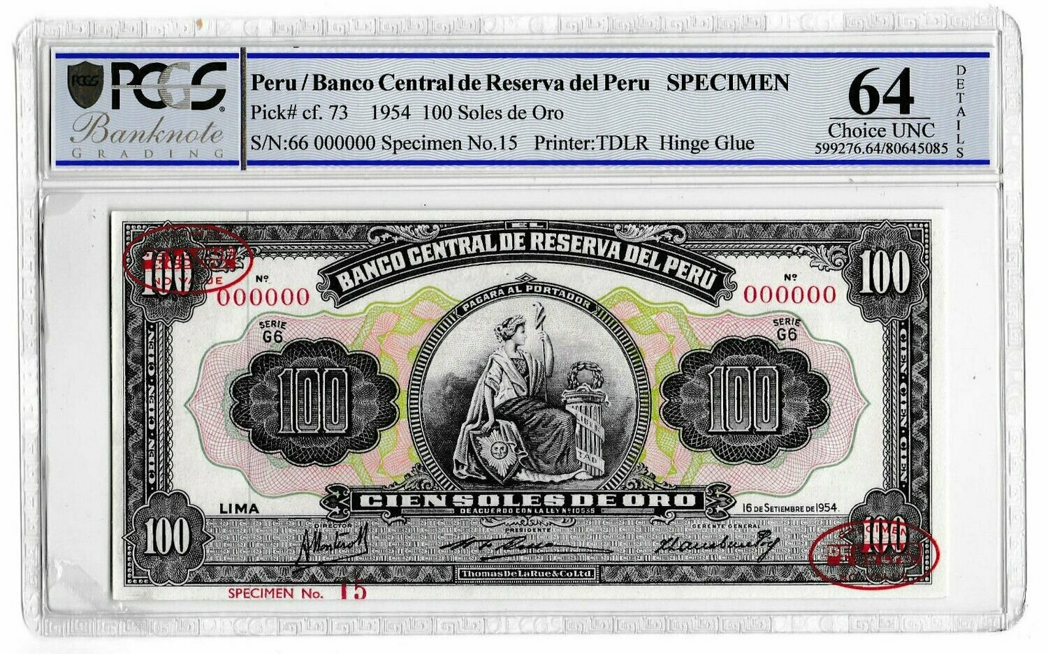 1954 Peru 100 Soles Banknote Specimen P73 Choice Uncirculated 64 Details