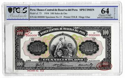 1954 Peru 100 Soles Banknote Specimen P73 Choice Uncirculated 64 Details