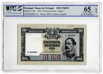 1953 Portugal 50 Escudos Banknote Specimen P160 Gem Uncirculated 65 OPQ