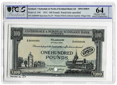 1951 Clydesdale North Scotland Bank £100 Banknote Specimen P194 Choice Uncirculated 64 Details