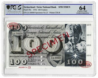 1956 Switzerland 100 Franken Banknote Specimen P49s Choice Uncirculated 64