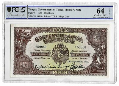 1955 Tonga Government of Tonga Treasury Note 4 Shillings Banknote Choice Uncirculated 64 Details