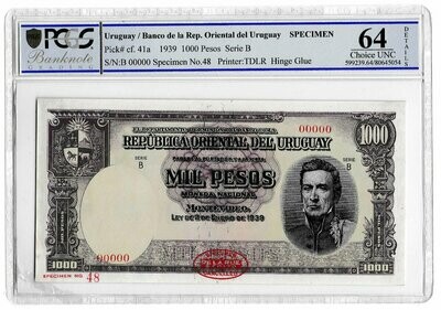 1939 Uruguay Mil Pesos 1000 Pesos Banknote Specimen P41a Choice Uncirculated 64 Details