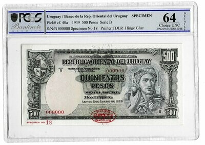 1939 Uruguay Quinientos Pesos 500 Pesos Banknote Specimen P40a Choice Uncirculated 64 Details