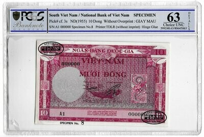 1955 Vietnam 10 Dong Banknote Specimen TDLR P3s Choice Uncirculated 63 Details