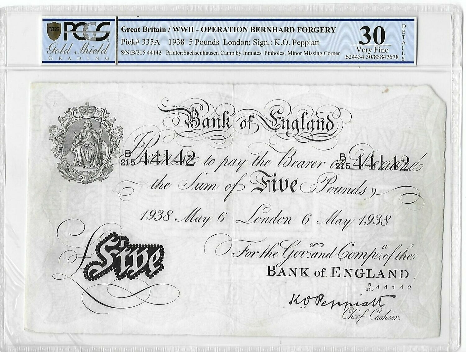 1938 WWII Operation Bernhard Forgery K O Peppiatt White £5 Five Pound Banknote B215 44142 Very Fine 30 Details