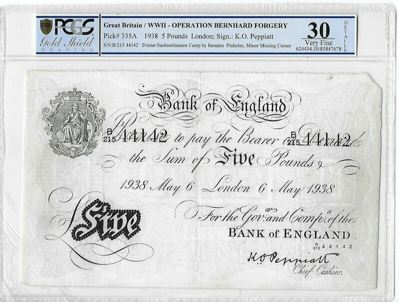 1938 WWII Operation Bernhard Forgery K O Peppiatt White £5 Five Pound Banknote B215 44142 Very Fine 30 Details
