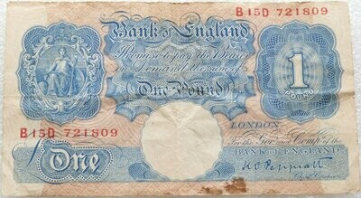 1940 - 1948 Bank of England K O Peppiatt Blue £1 One Pound Banknote (A01D to X96H)