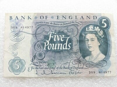 1963 - 1967 Bank of England J Q Hollom Blue £5 Five Pound Banknote (A01 to R19)