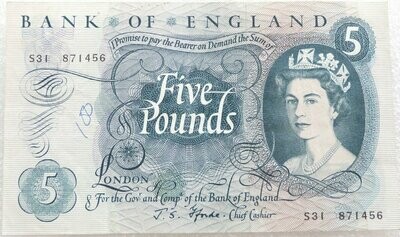 1967 - 1968 Bank of England J S Fforde Blue £5 Five Pound Banknote (R20 to Z99)