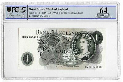 1970 - 1977 Bank of England J B Page Green £1 One Pound Banknote Choice Uncirculated 64