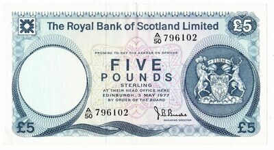 1977 Bank of Scotland J B Burke £5 Five Pound Banknote A50 796102