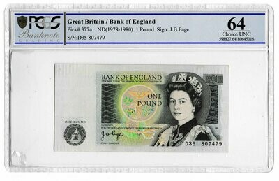 1978 - 1980 Bank of England J B Page Green £1 One Pound Banknote Choice Uncirculated 64