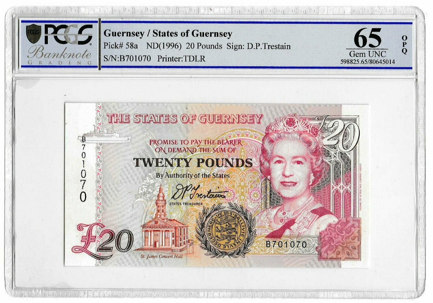 1996 Guernsey D P Trestain £20 Twenty Pound Banknote P58a Gem Uncirculated 65 OPQ