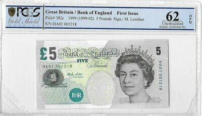 1999 Bank of England Merlyn Lowther First Issue £5 Five Pound Banknote Uncirculated 62 OPQ