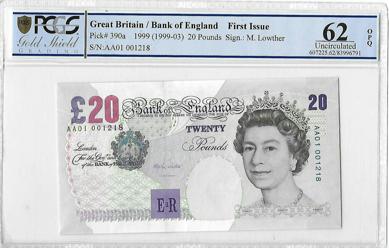 1999 Bank of England Merlyn Lowther First Issue £20 Twenty Pound Banknote AA01 Uncirculated 62 OPQ