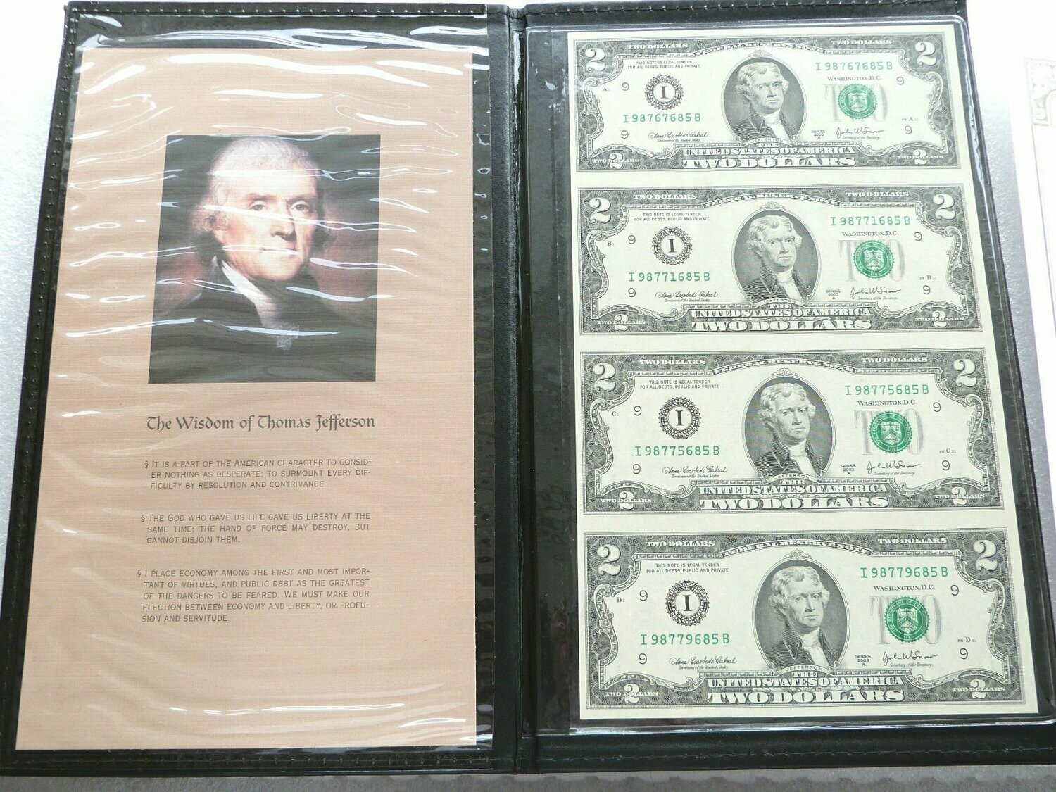 2003 A $2 Bill 4 Note Uncut Sheet San Francisco District In Original BEP Card 