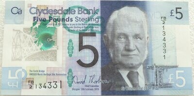 2015 Clydesdale Bank William Arrol Plastic Polymer £5 Five Pound Banknote First Ever