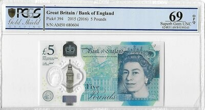 Real bank of england £5 five pound banknote Plastic polymer 2016 UNC currency 