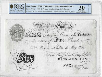 1938 WWII Operation Bernhard Forgery K O Peppiatt White £5 Five Pound Banknote B213 67252 Very Fine 30 Details